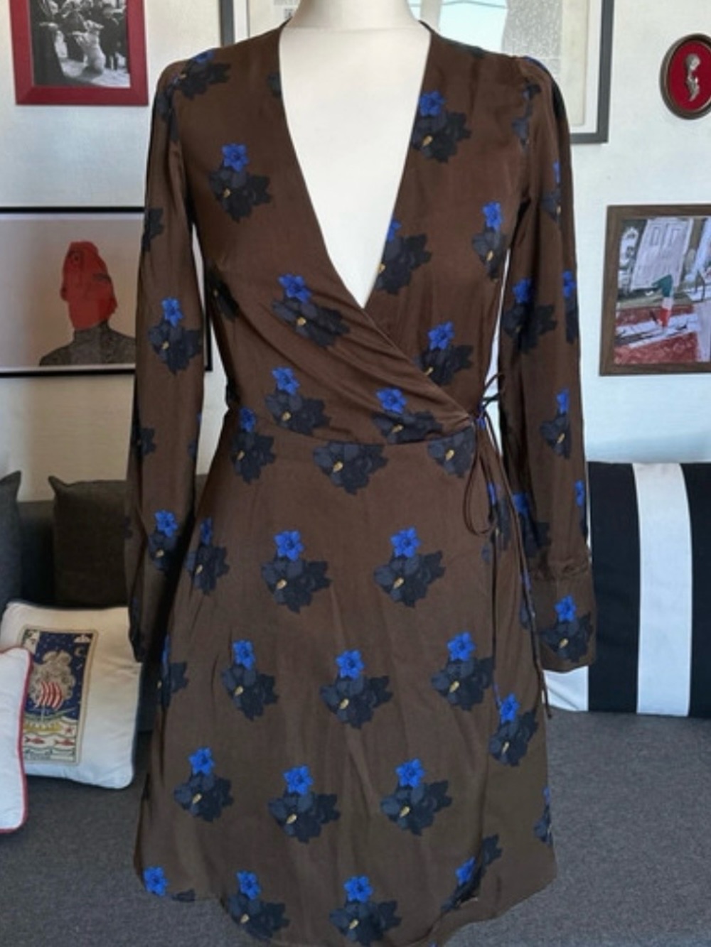 Antica Sartoria Cocoa Brown Real Wrap Dress with Blue Floral Accents 3/4 Sleeve